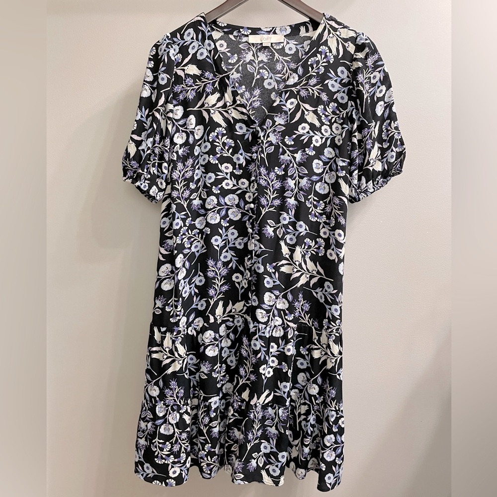 Loft Button Front Tiered Dress - XSmall (Navy/Purple)